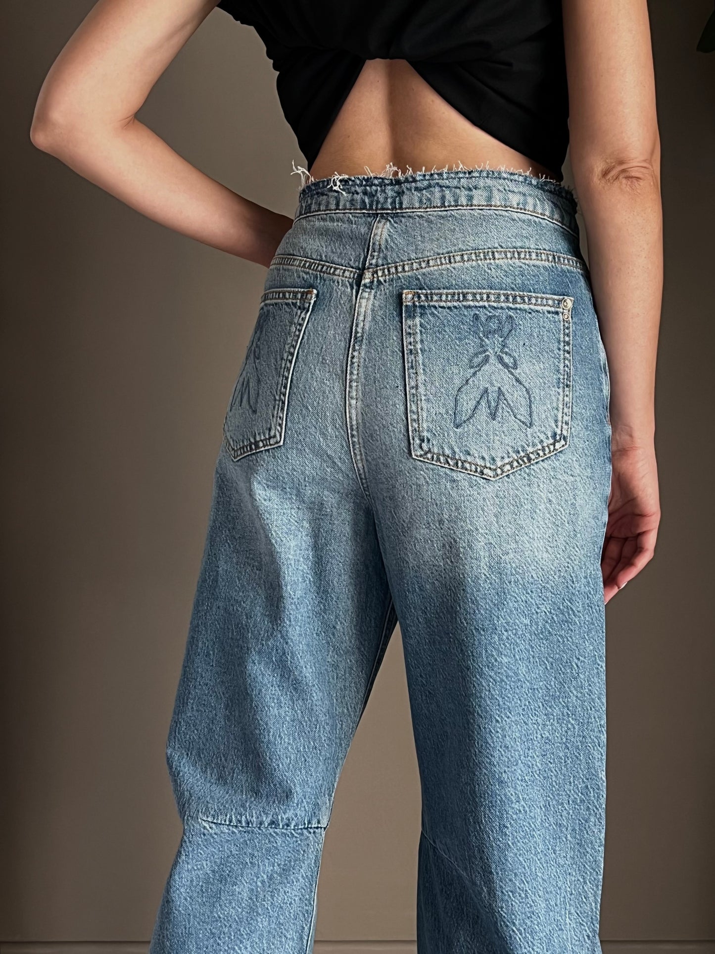 Pantalone denim vita bassa a baloon