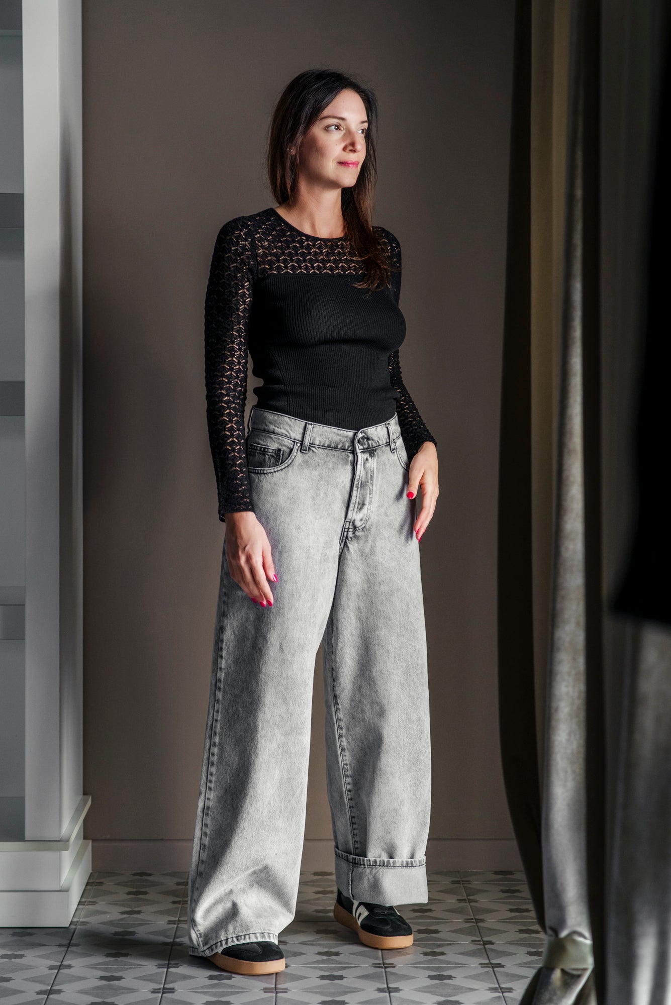 Pantalone denim grigio over