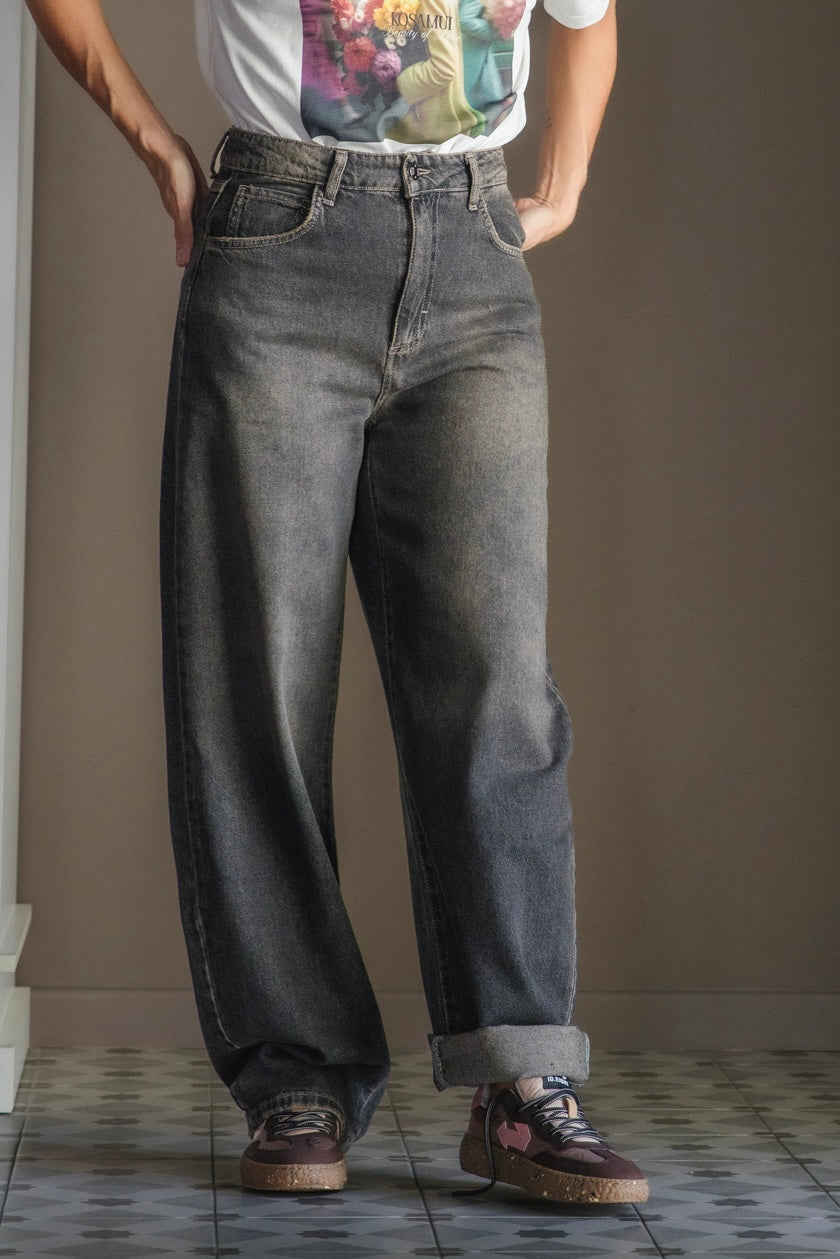 Pantalone denim grigio effetto vintage