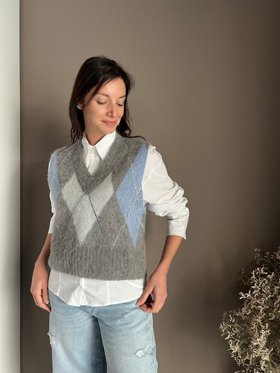 Gilet Oversize in Alpaca e Lana con Motivo Losanghe e Strass