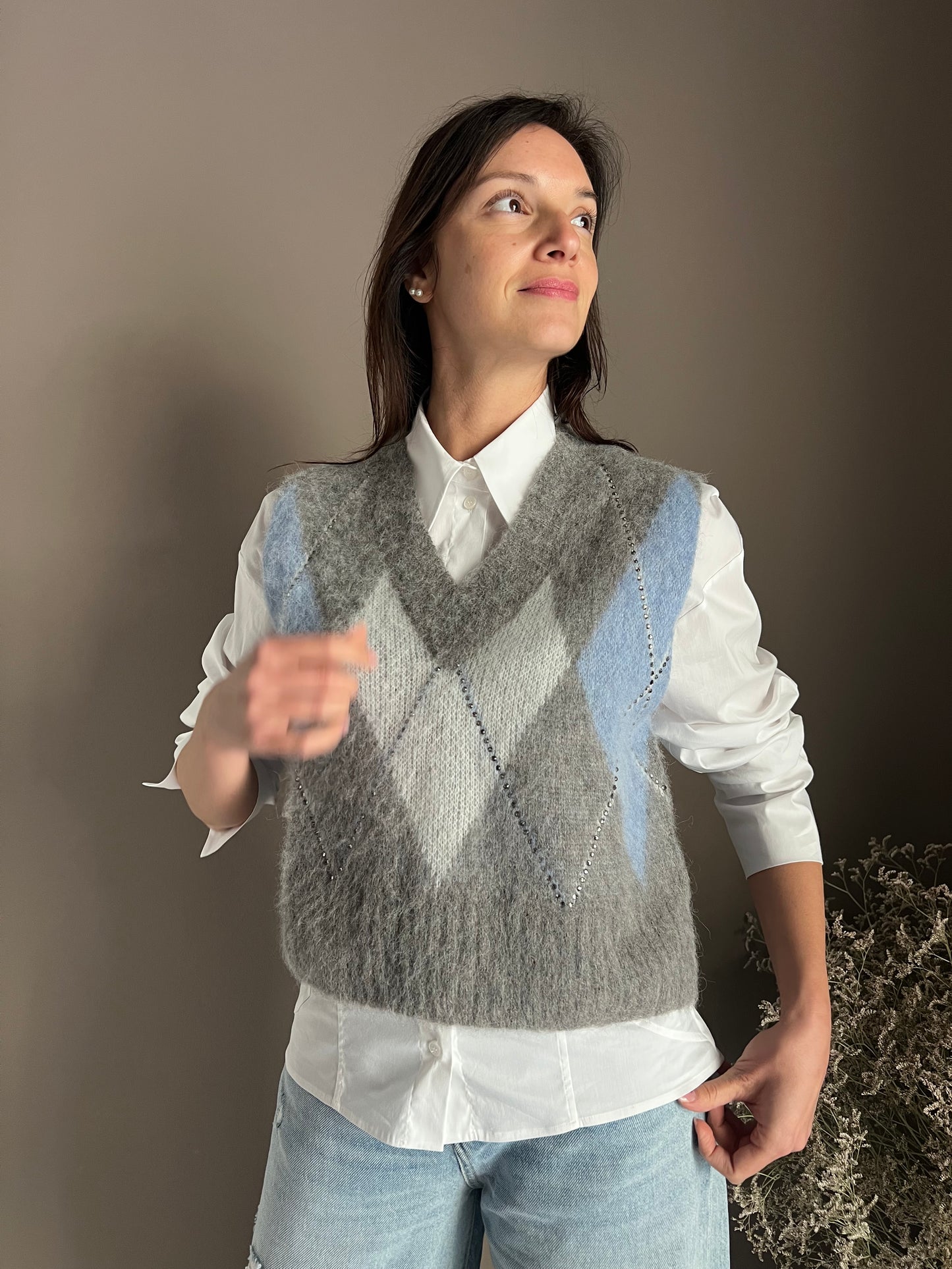 Gilet Oversize in Alpaca e Lana con Motivo Losanghe e Strass