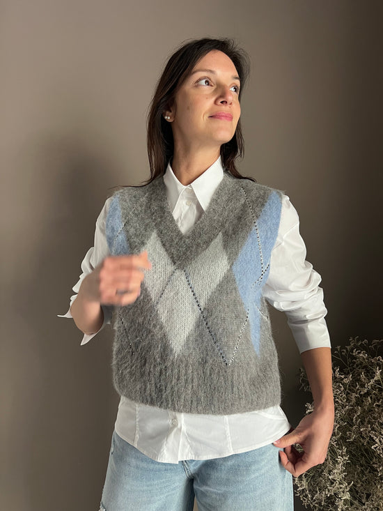 Gilet Oversize in Alpaca e Lana con Motivo Losanghe e Strass