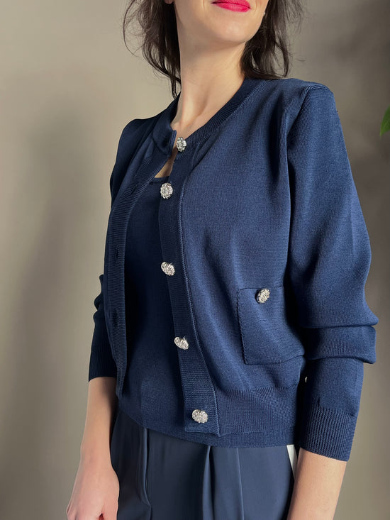 Cardigan in viscosa blu con bottoni dorati