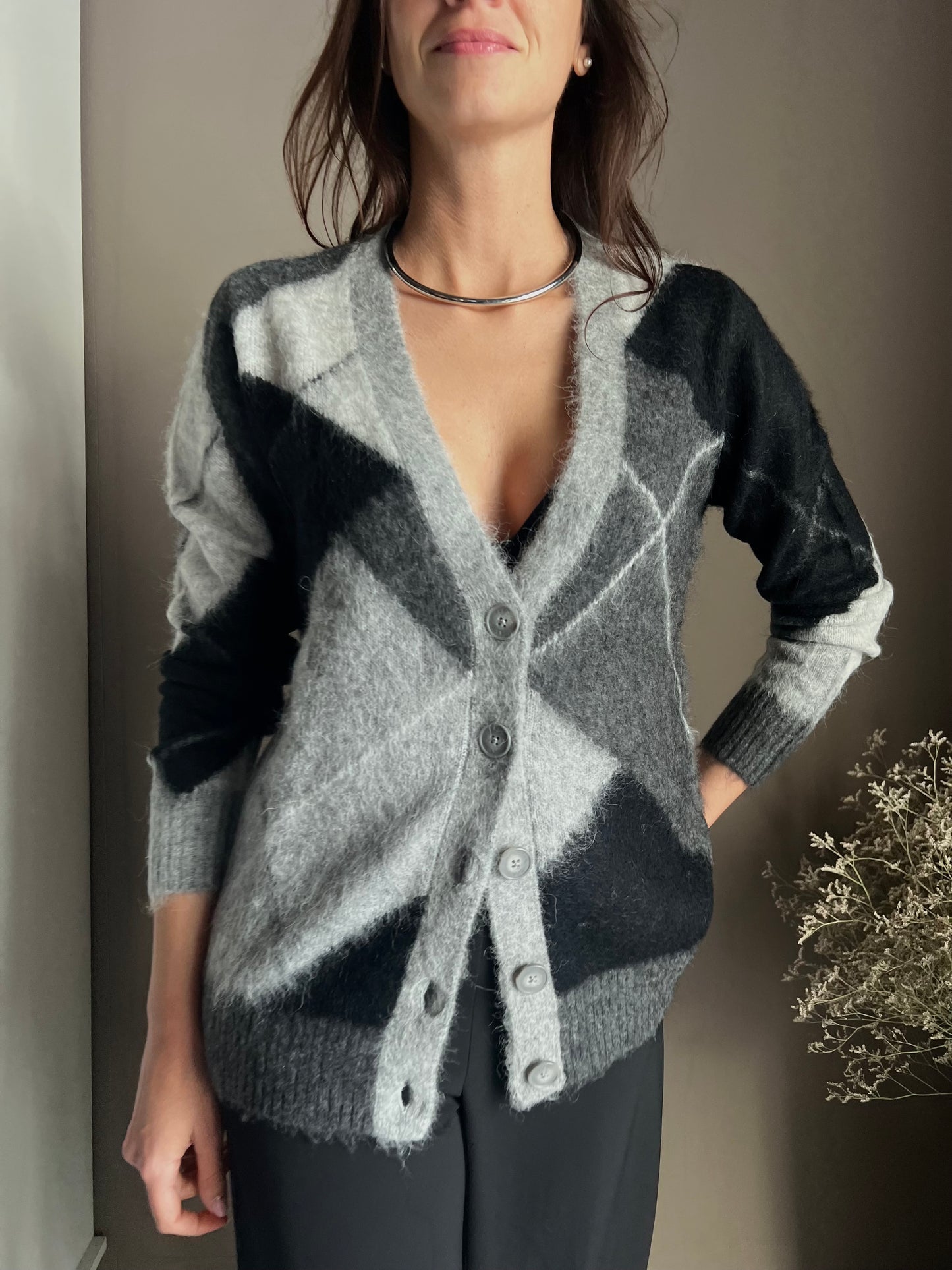 Cardigan losanghe in misto lana e Alpaca