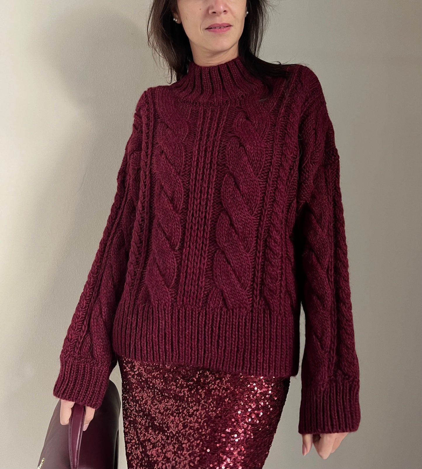 Maglia treccie collo alto Burgundy