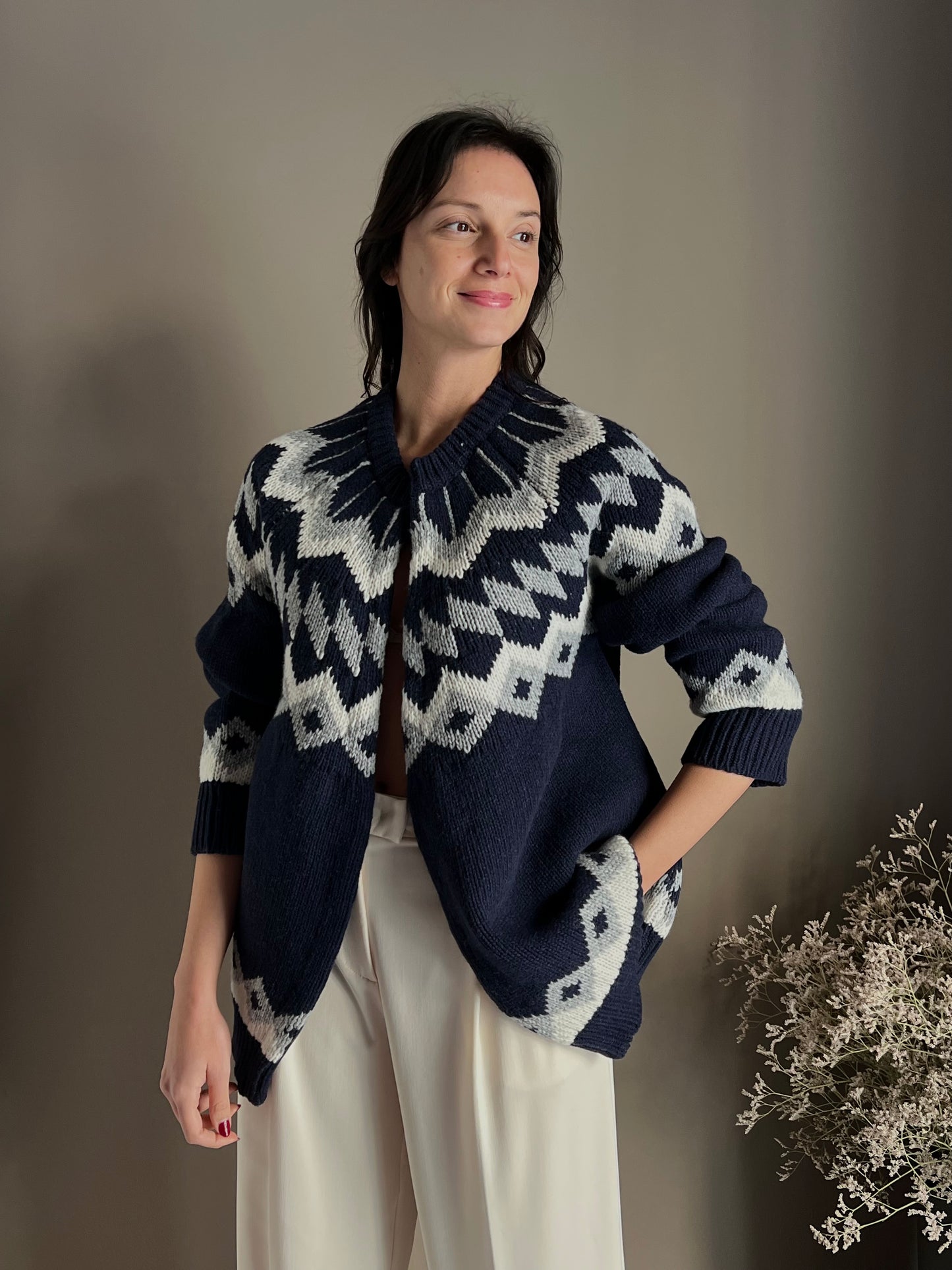 Cardigan in lana con lavorazione nordica blue