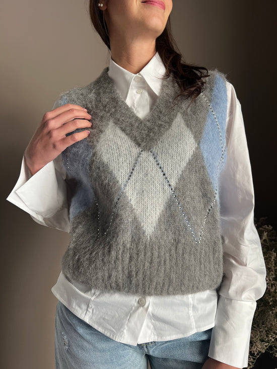 Gilet Oversize in Alpaca e Lana con Motivo Losanghe e Strass