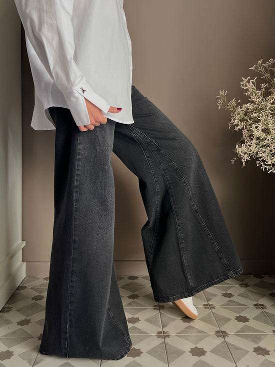 Pantalone denim vita alta gamba larga nero