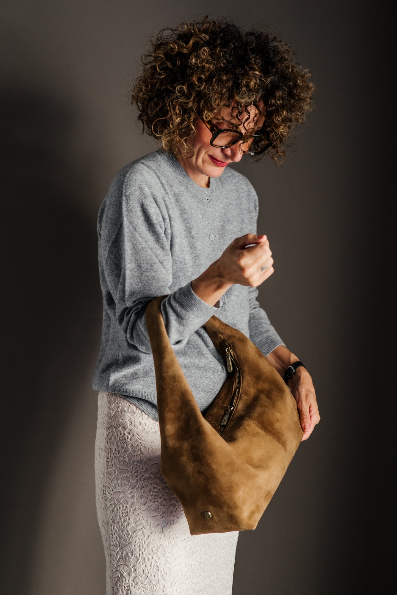 Borsa a Spalla in Camoscio Ash