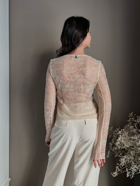 Top a maniche lunghe in pizzo con paillettes