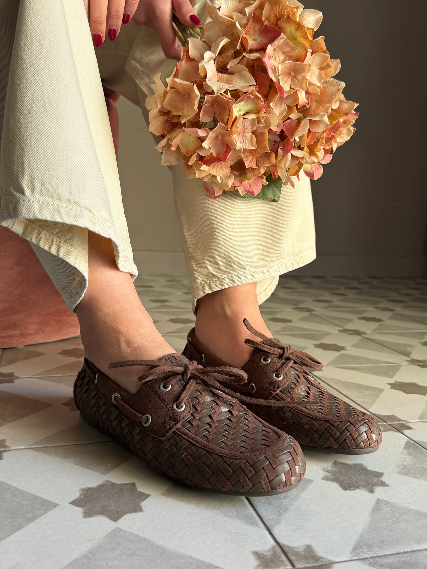 Mocassino in pelle intrecciato e suede