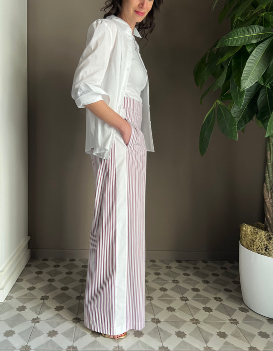 Pantalone a palazzo in popeline rigato moro