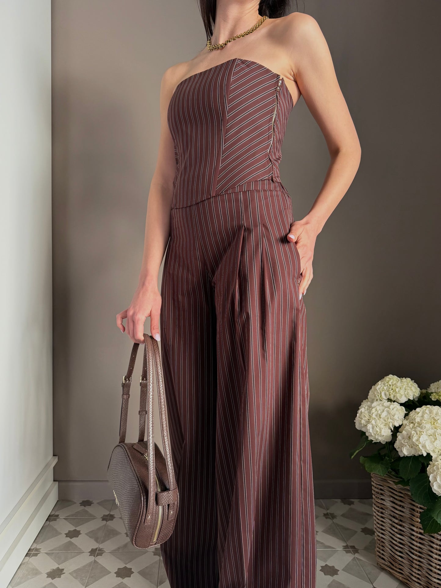 Pantalone gessato in cotone wide-leg