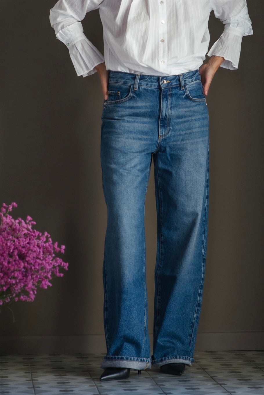 Pantalone denim gamba larga in cotone riciclato