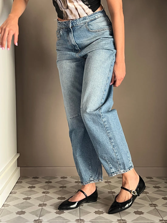 Pantalone denim vita bassa a baloon