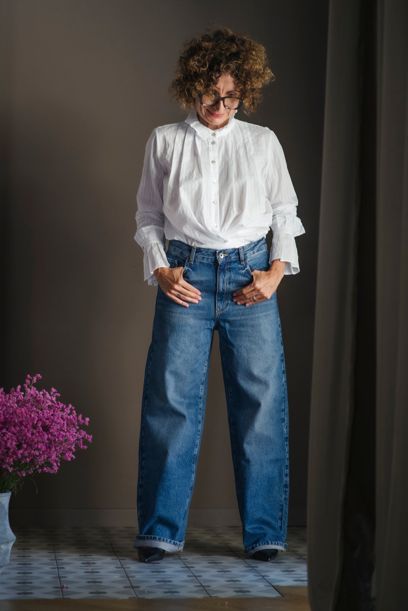 Pantalone denim gamba larga in cotone riciclato