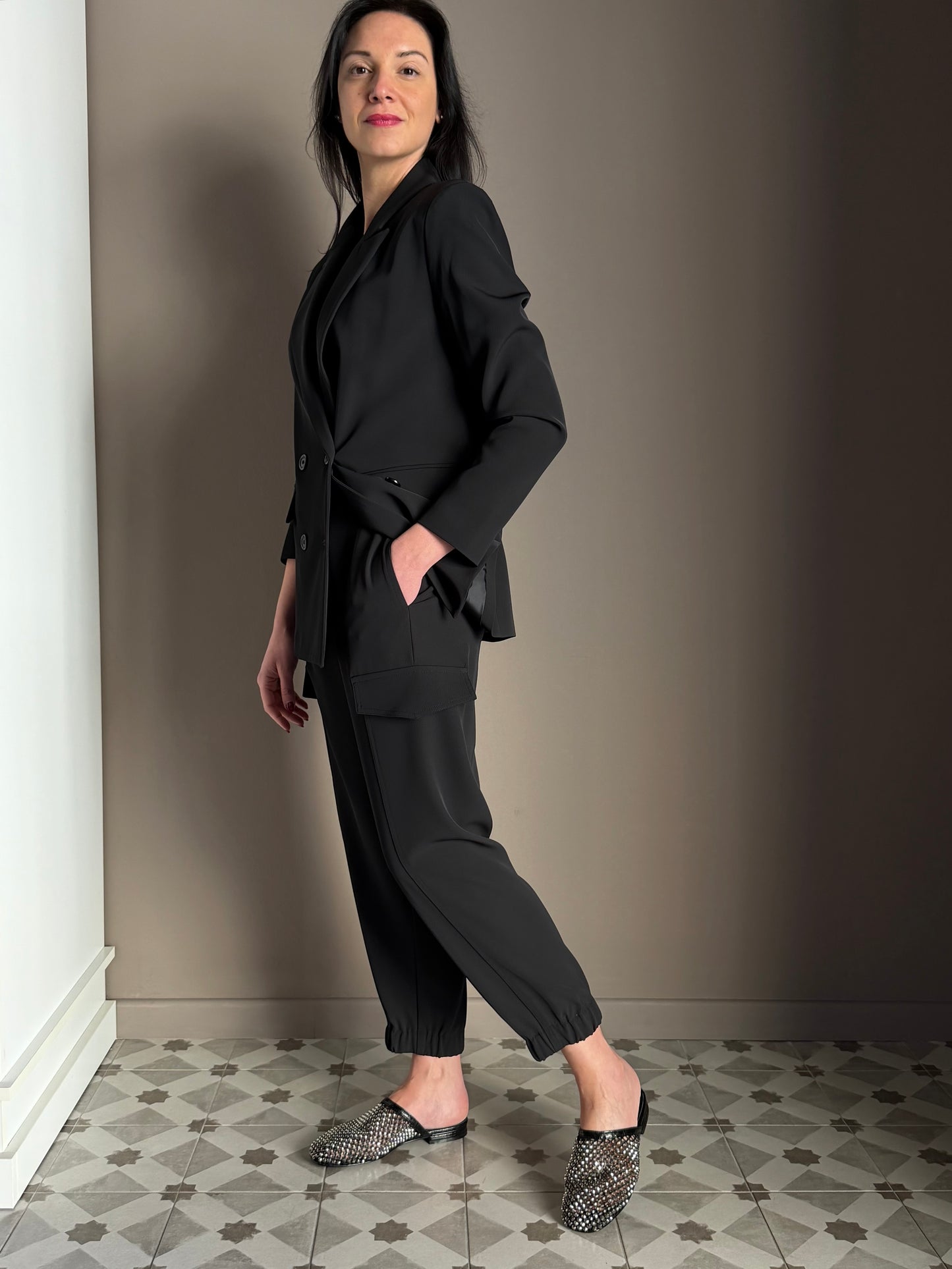 Giacca doppio petto in crepe nera