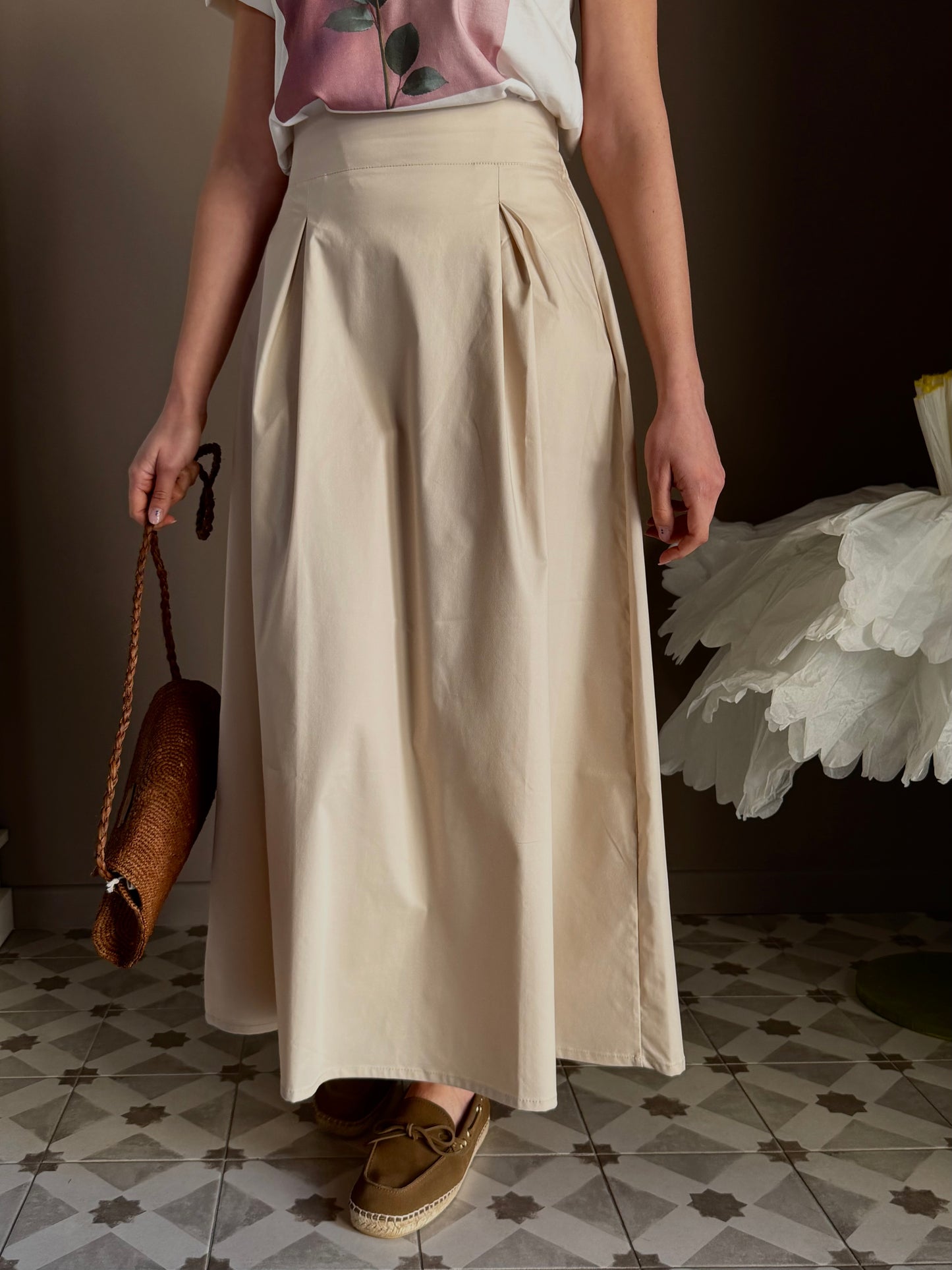 Gonna lunga in popeline di cotone beige