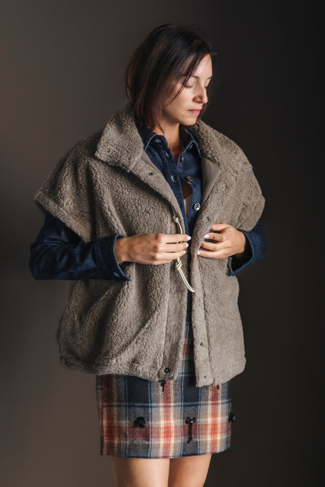 Gilet Oversize in Lana e Sherpa Taupe
