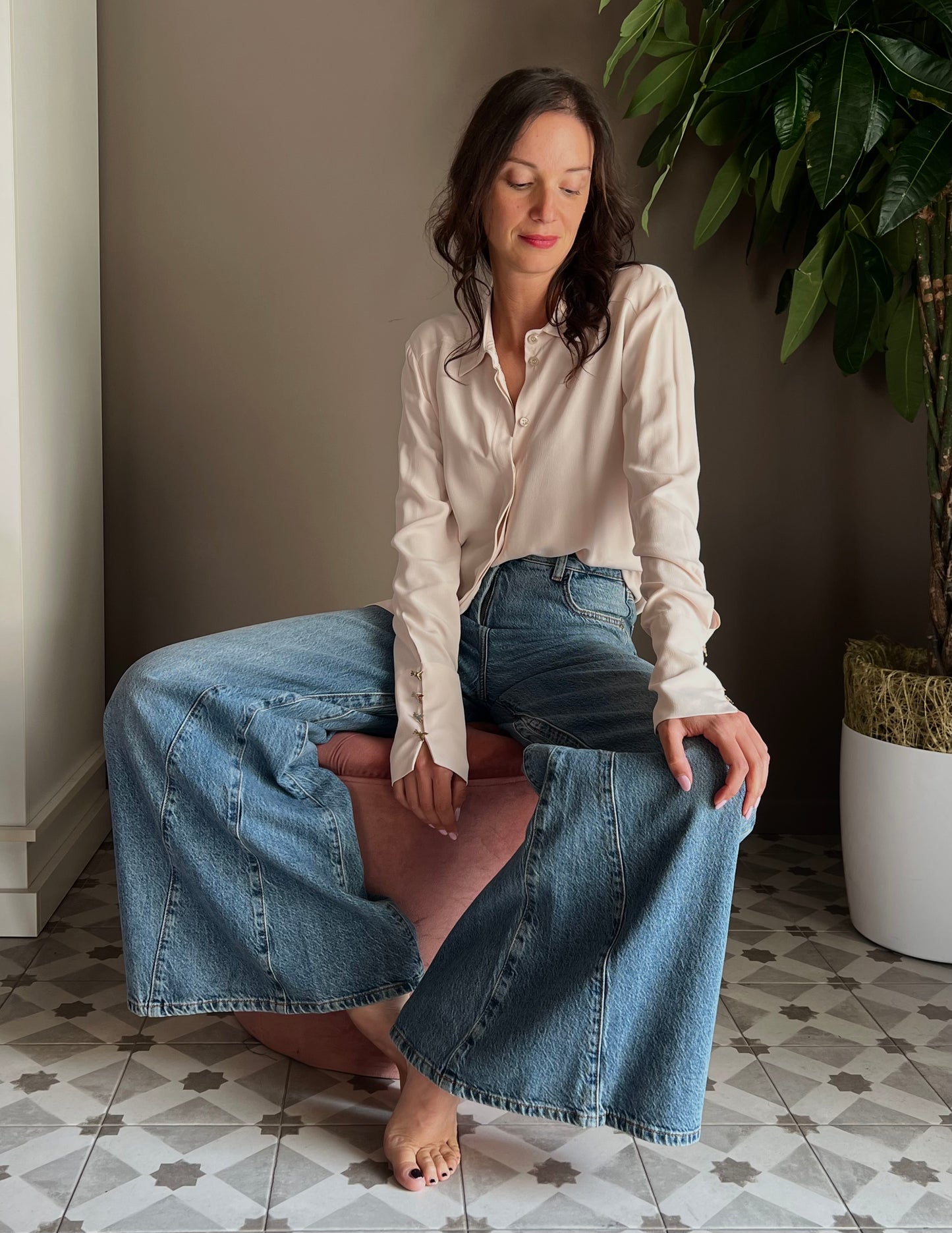 Pantalone denim vita alta gamba larga