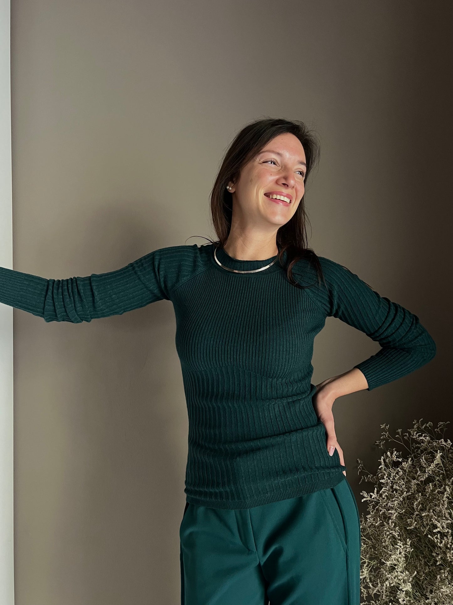 Maglia a costine manica Reglan Deep Green