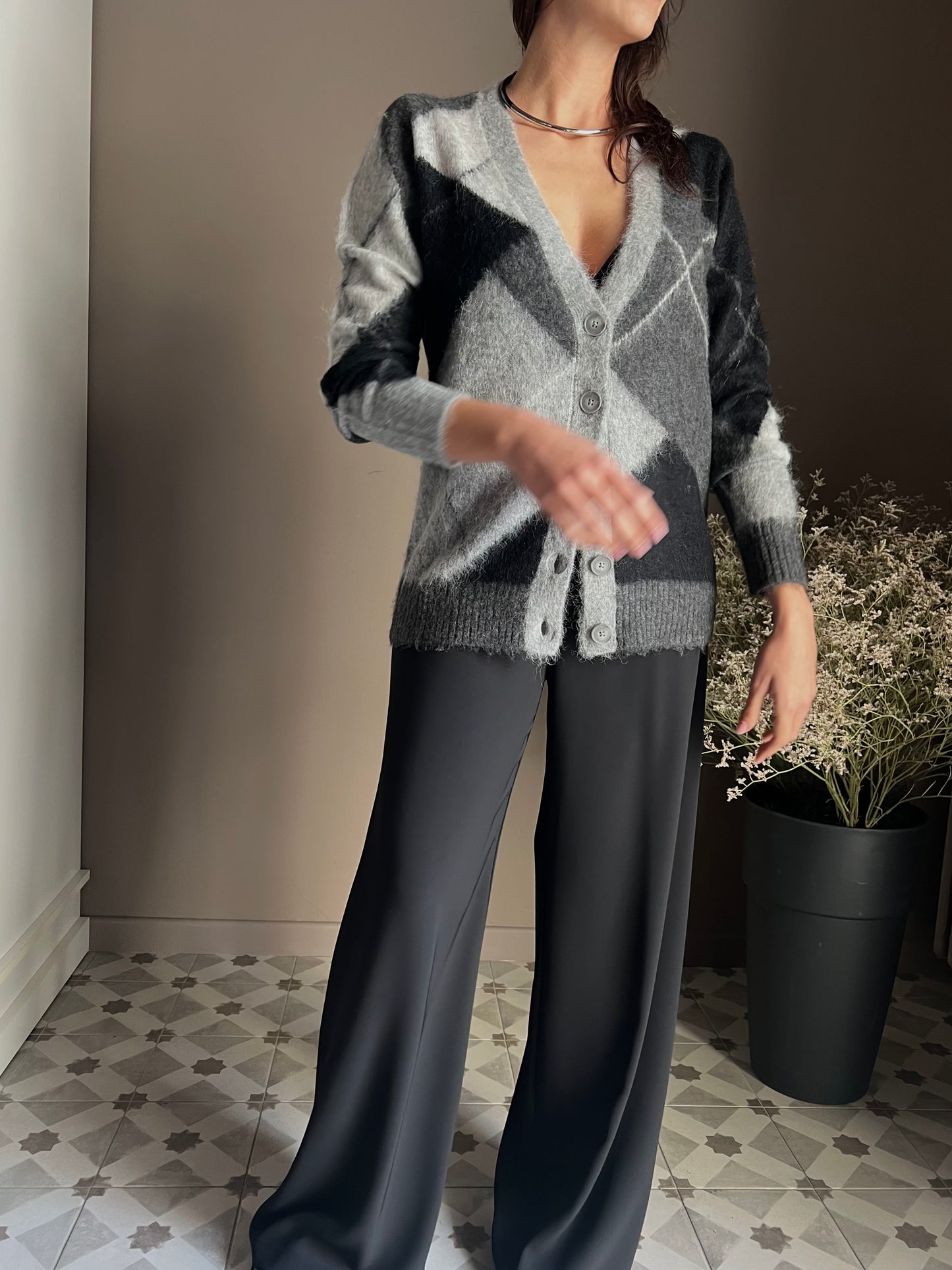Cardigan losanghe in misto lana e Alpaca
