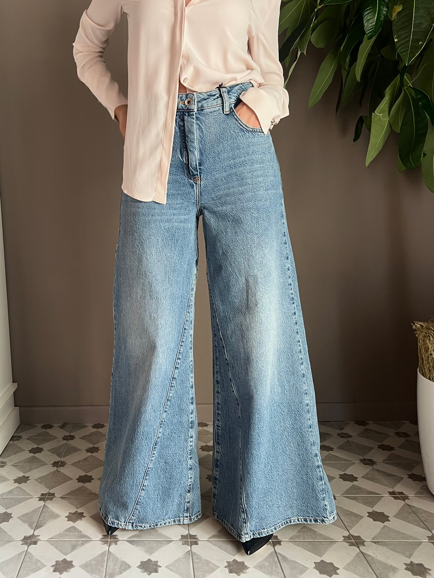Pantalone denim vita alta gamba larga