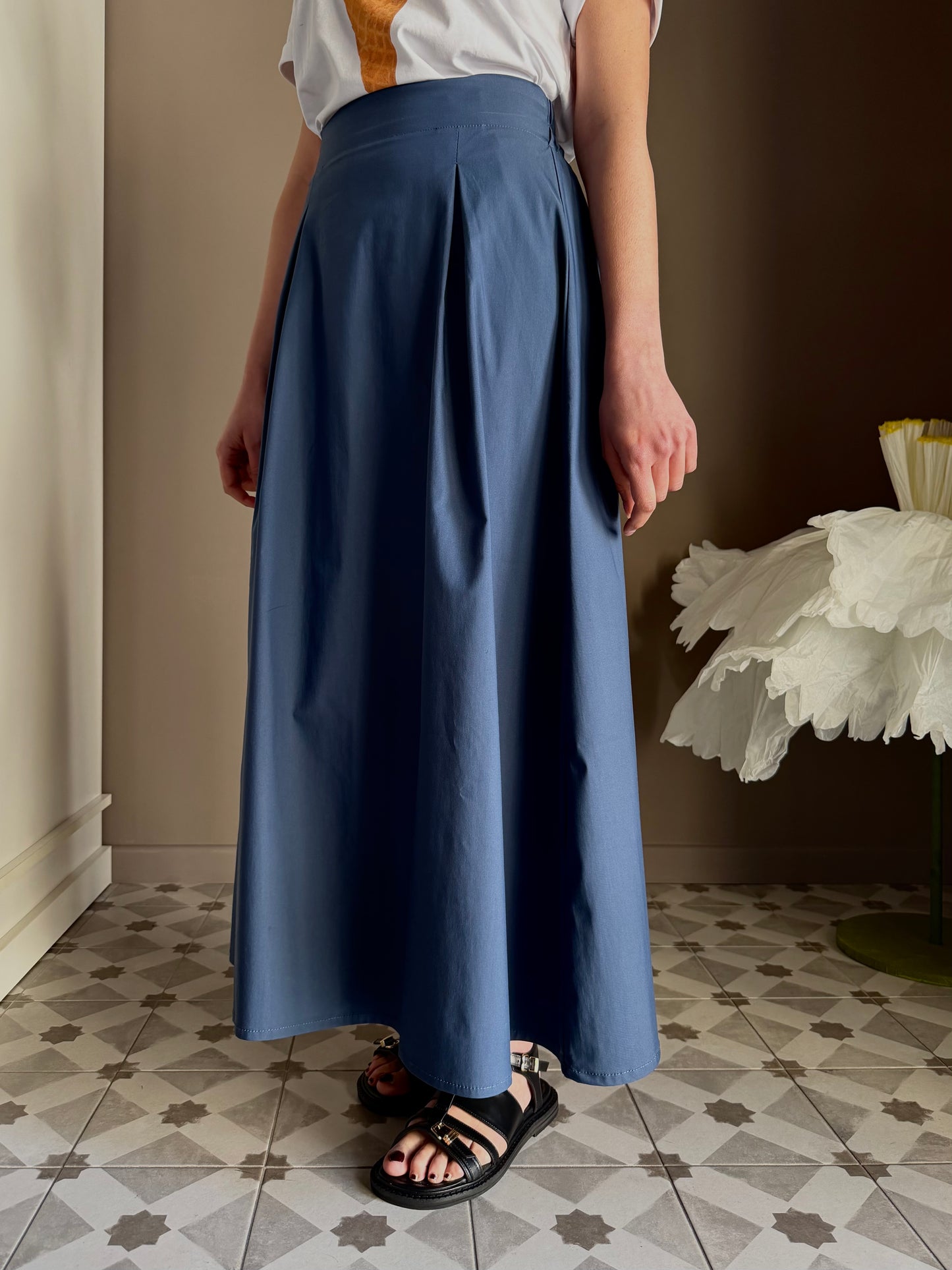 Gonna lunga in popeline di cotone blu