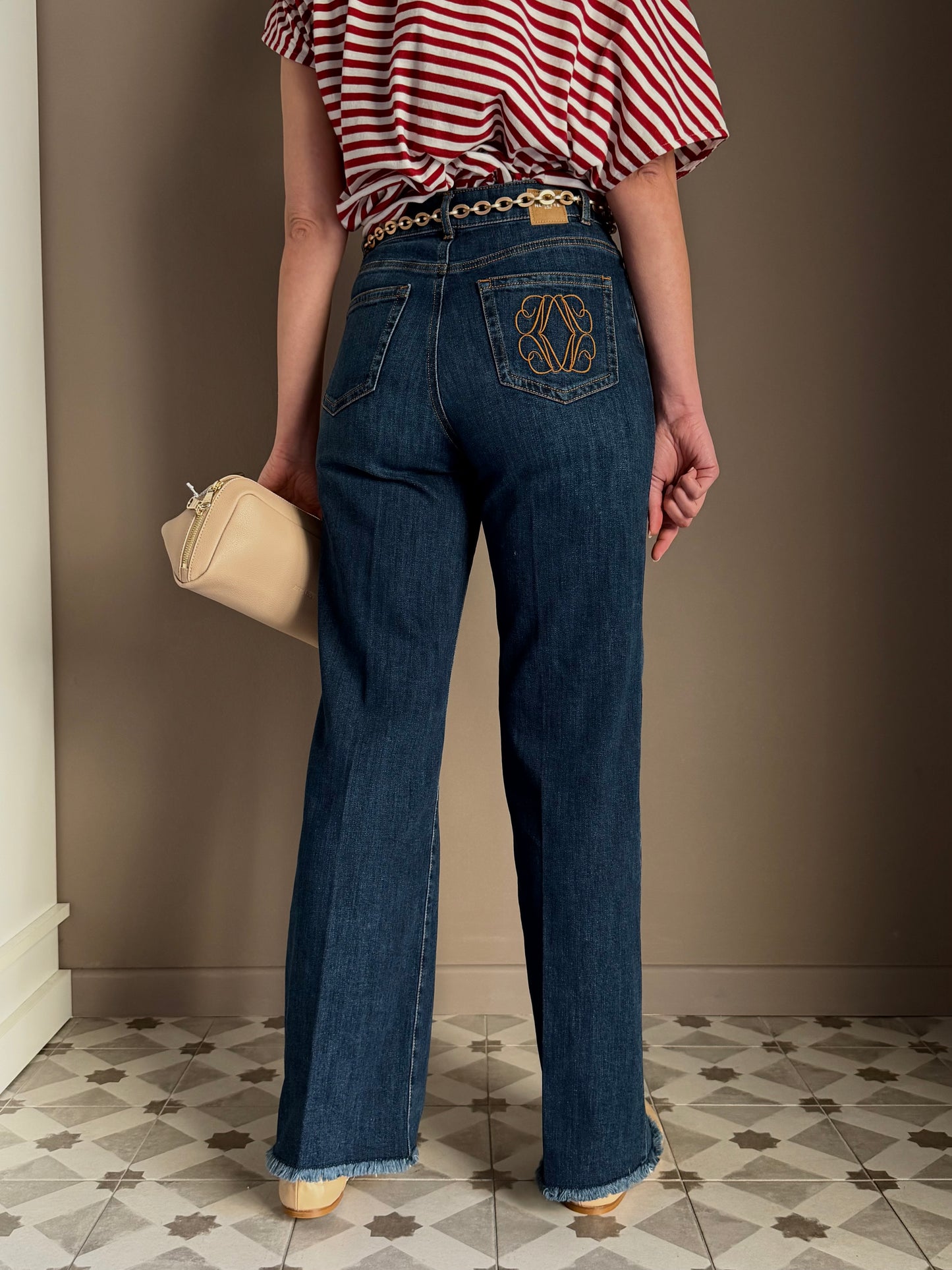 Pantalone denim Wide-Leg con catena