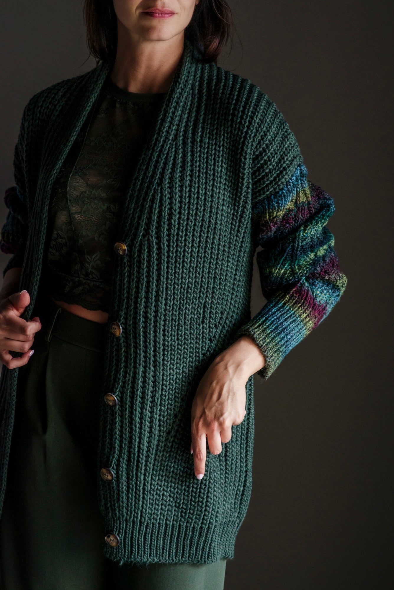 Cardigan oversize misto lana verde militare