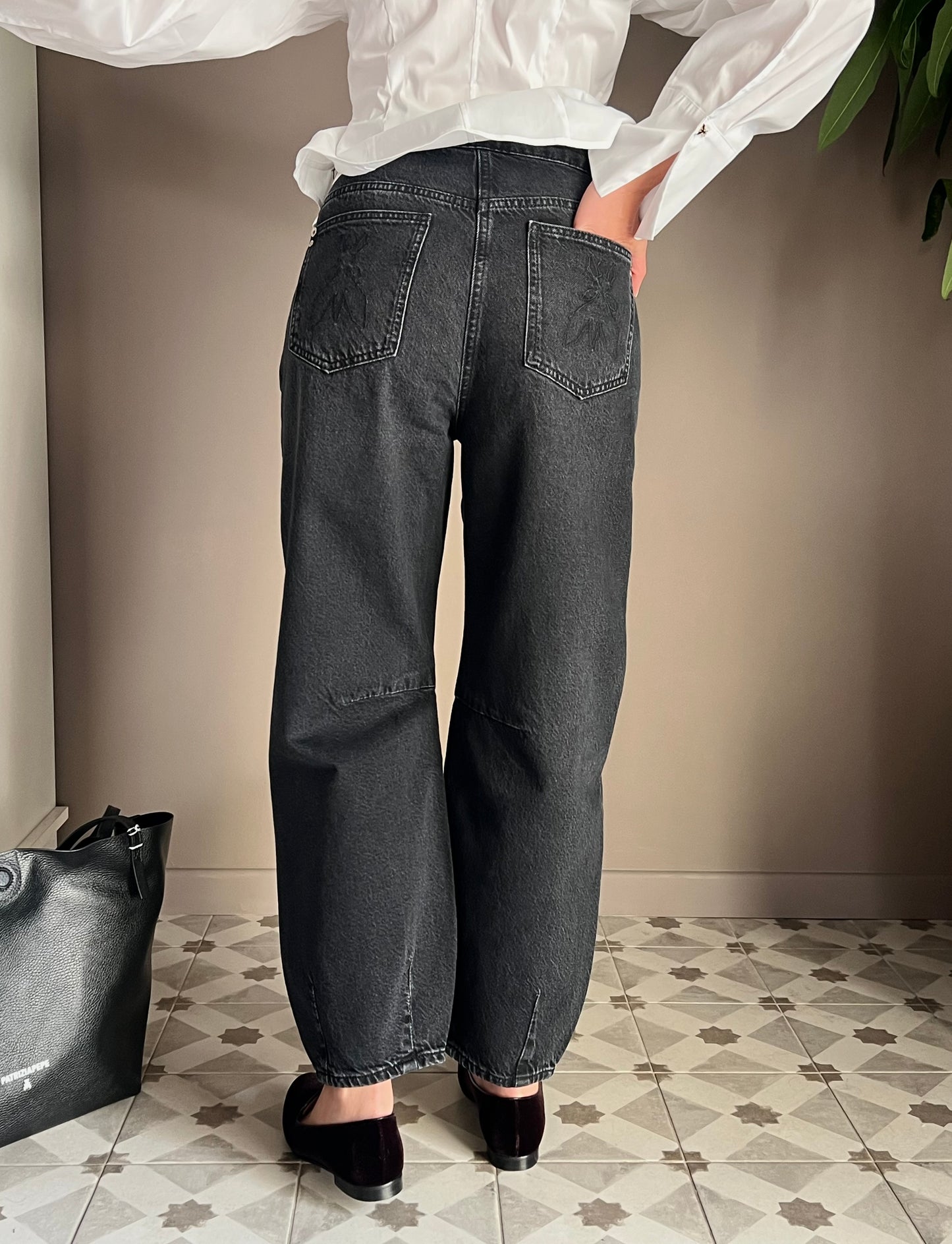 Pantalone denim vita bassa baloon Nero