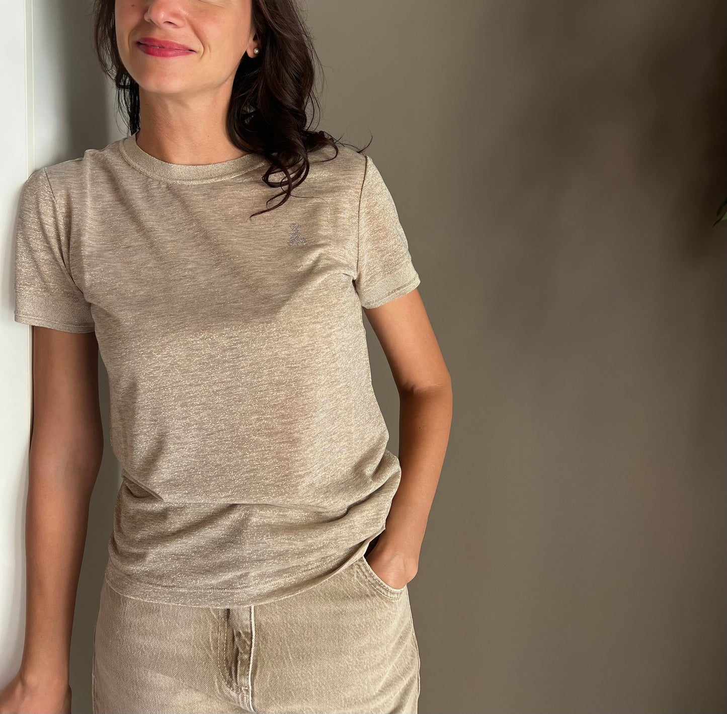 Maglia in viscosa e lurex beige