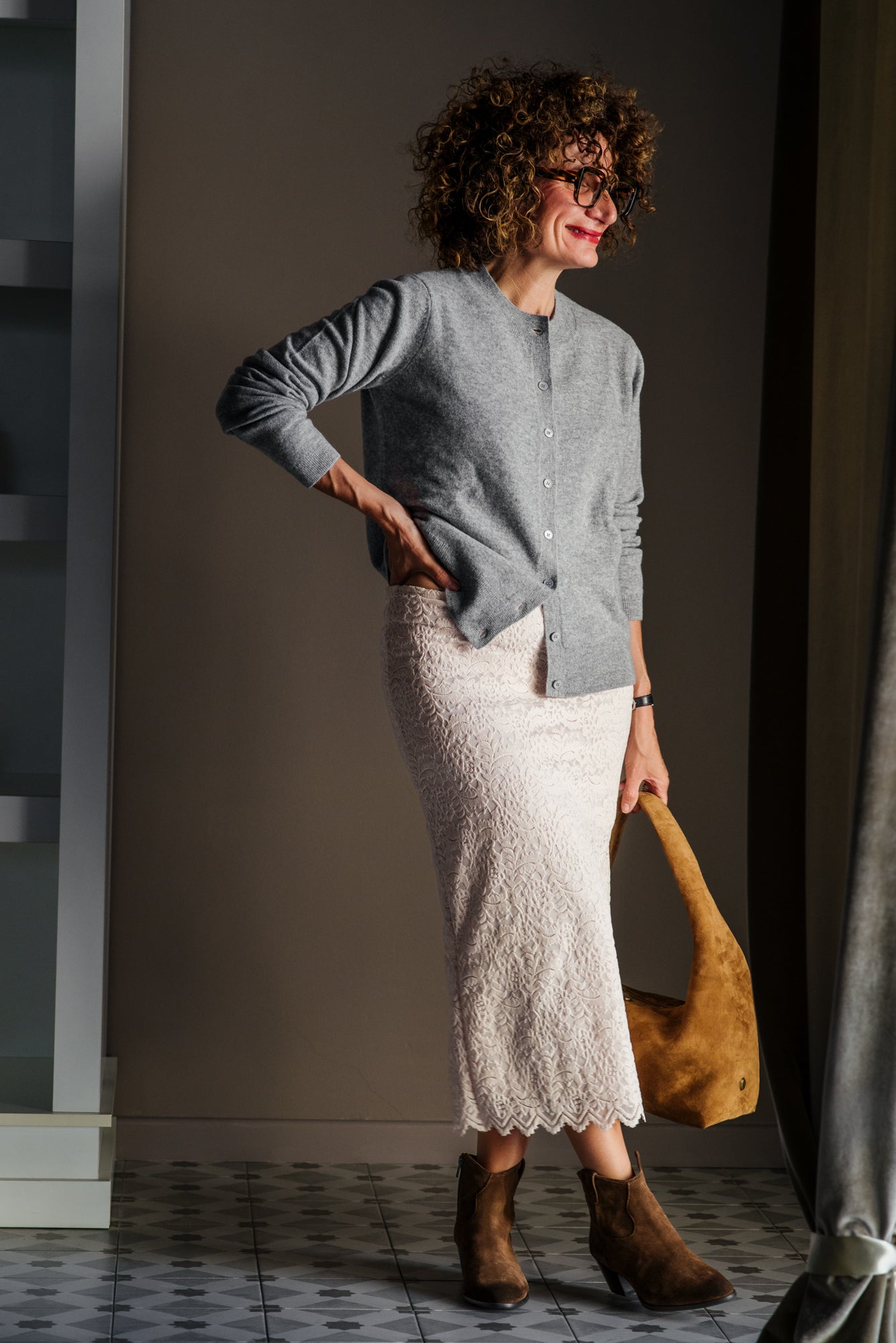Cardigan  in Lana e Cashmere grigio perla