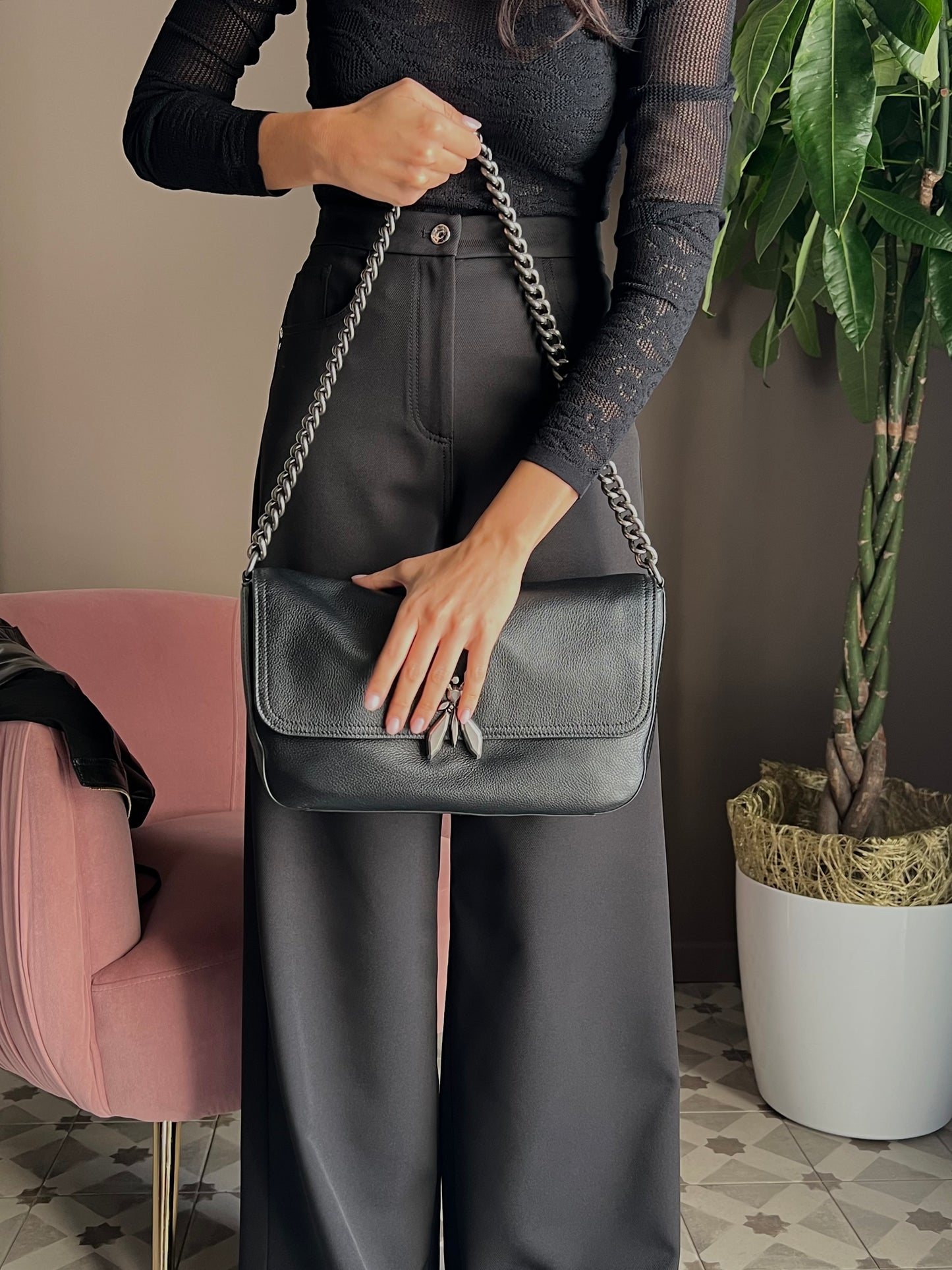 Borsa a spalla Fly media in pelle con catena