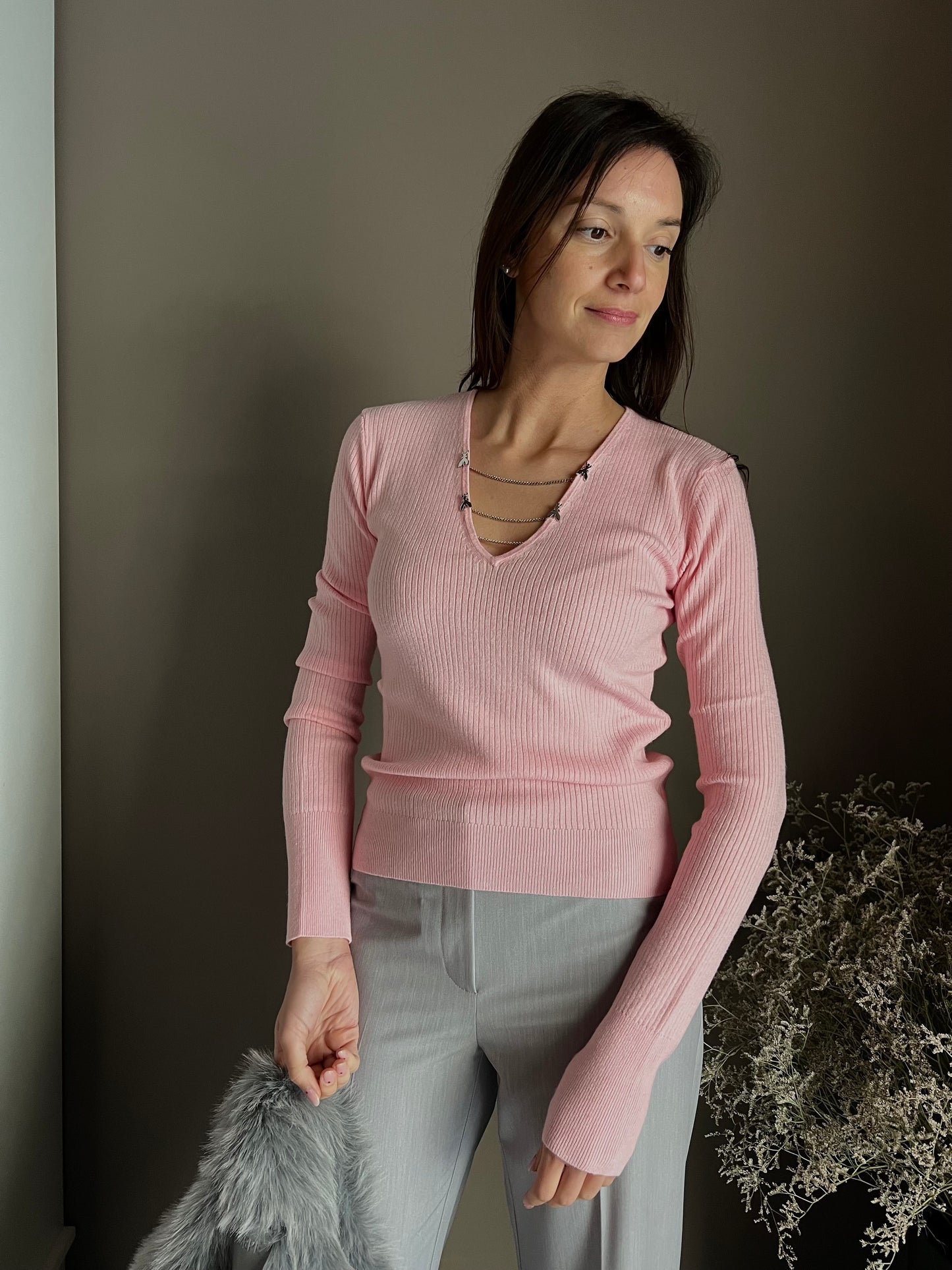 Maglia slim fit con catenelle Pink