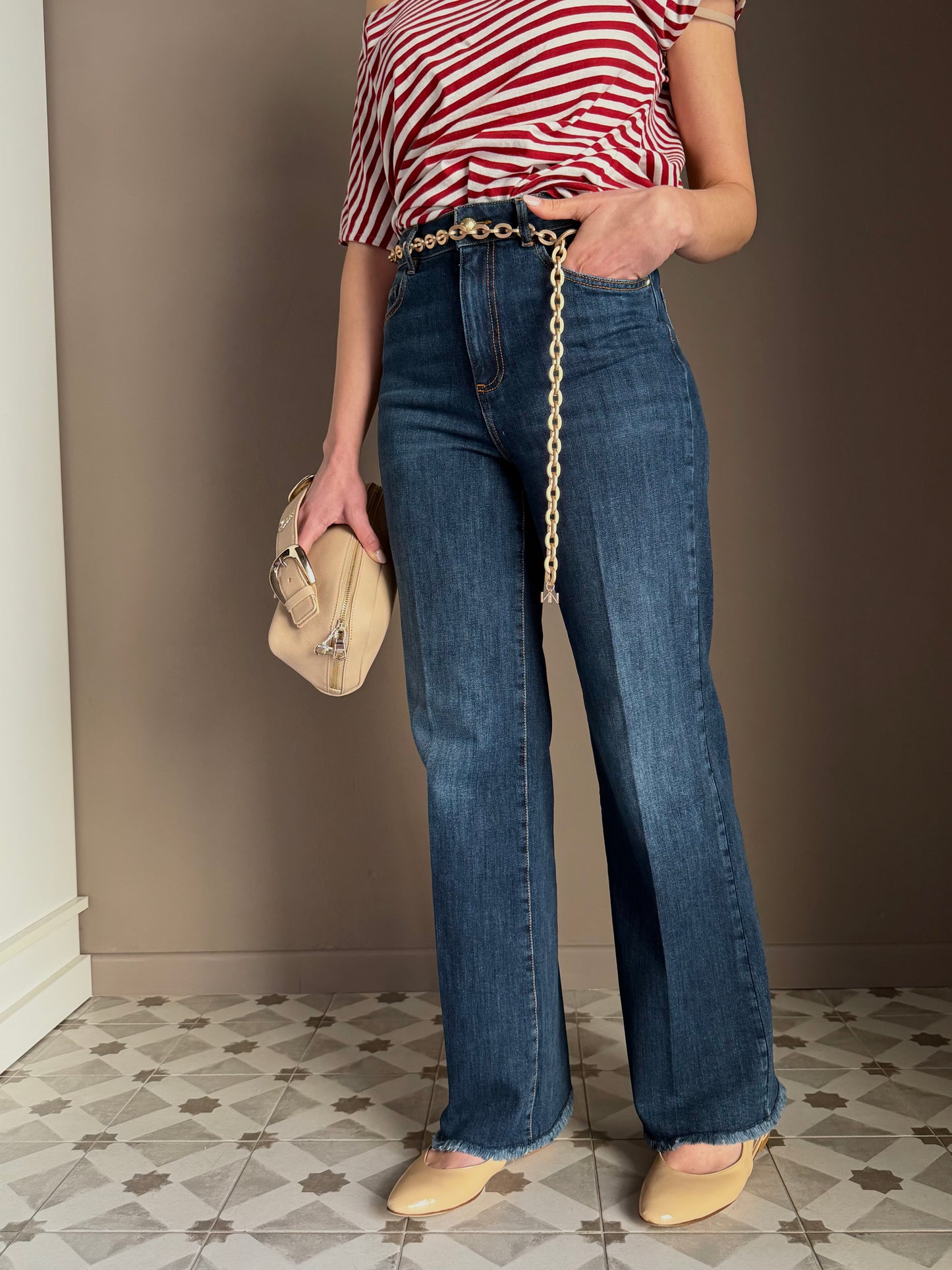 Pantalone denim Wide-Leg con catena