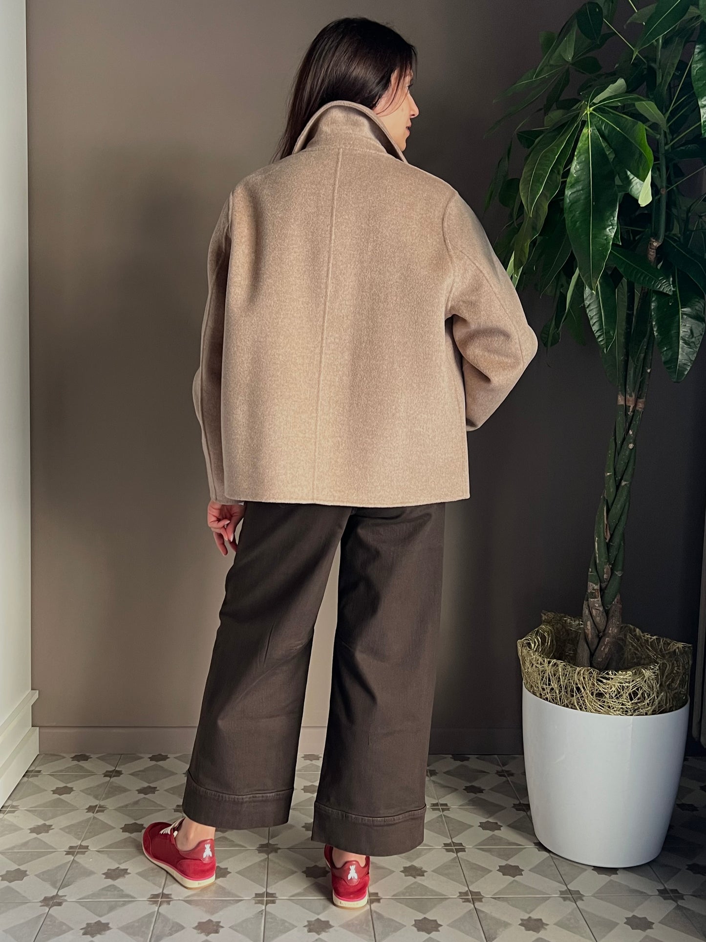 Giacca shacket in lana e cashmere beige