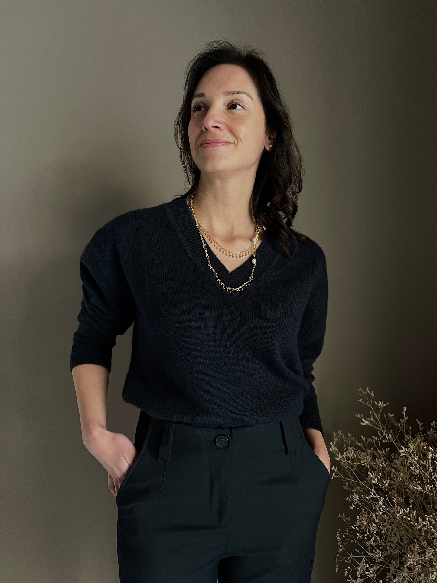 Maglia scollo a V in 100% cashemire blu marine