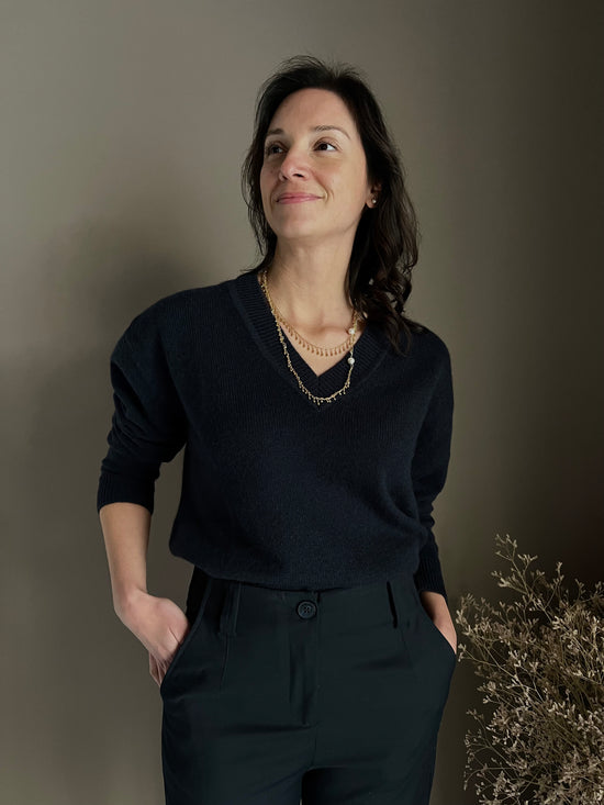 Maglia scollo a V in 100% cashemire blu marine