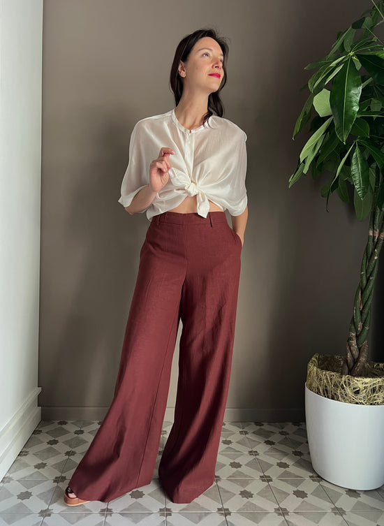 Pantalone in lino e viscosa henné