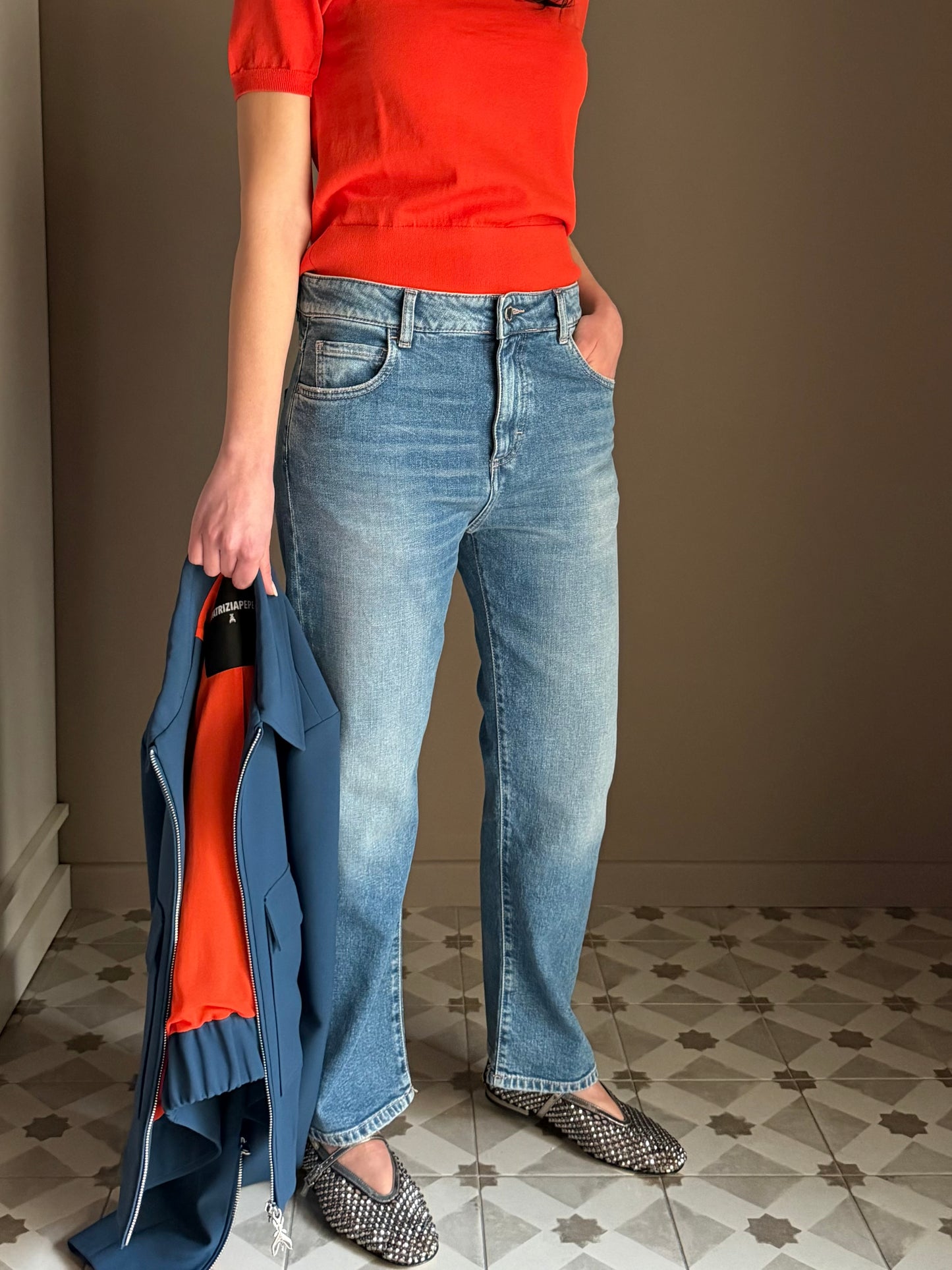 Pantalone denim straight vita bassa