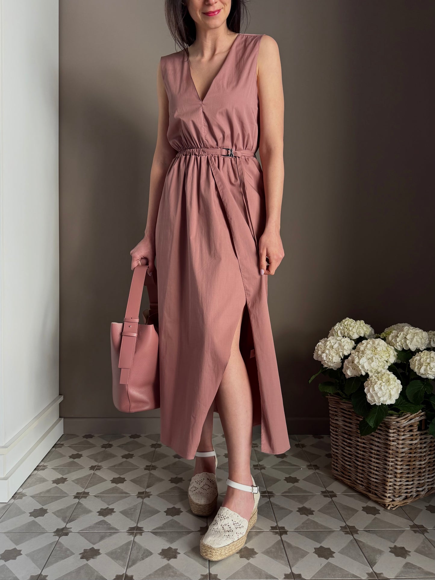 Abito midi in popeline di cotone terracotta