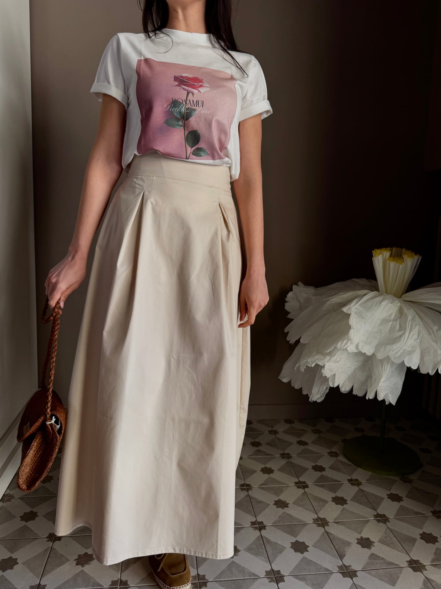 Gonna lunga in popeline di cotone beige