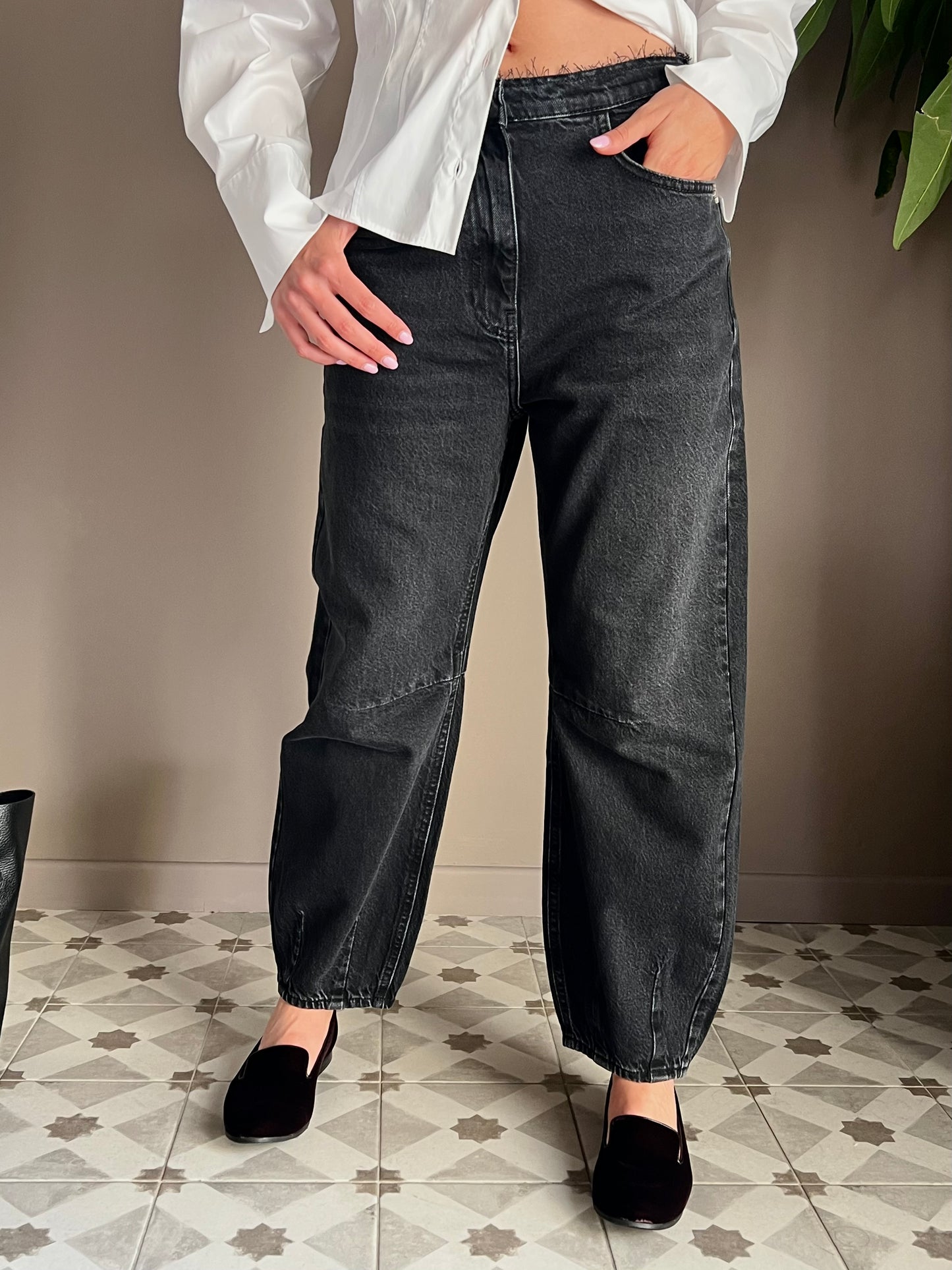 Pantalone denim vita bassa baloon Nero