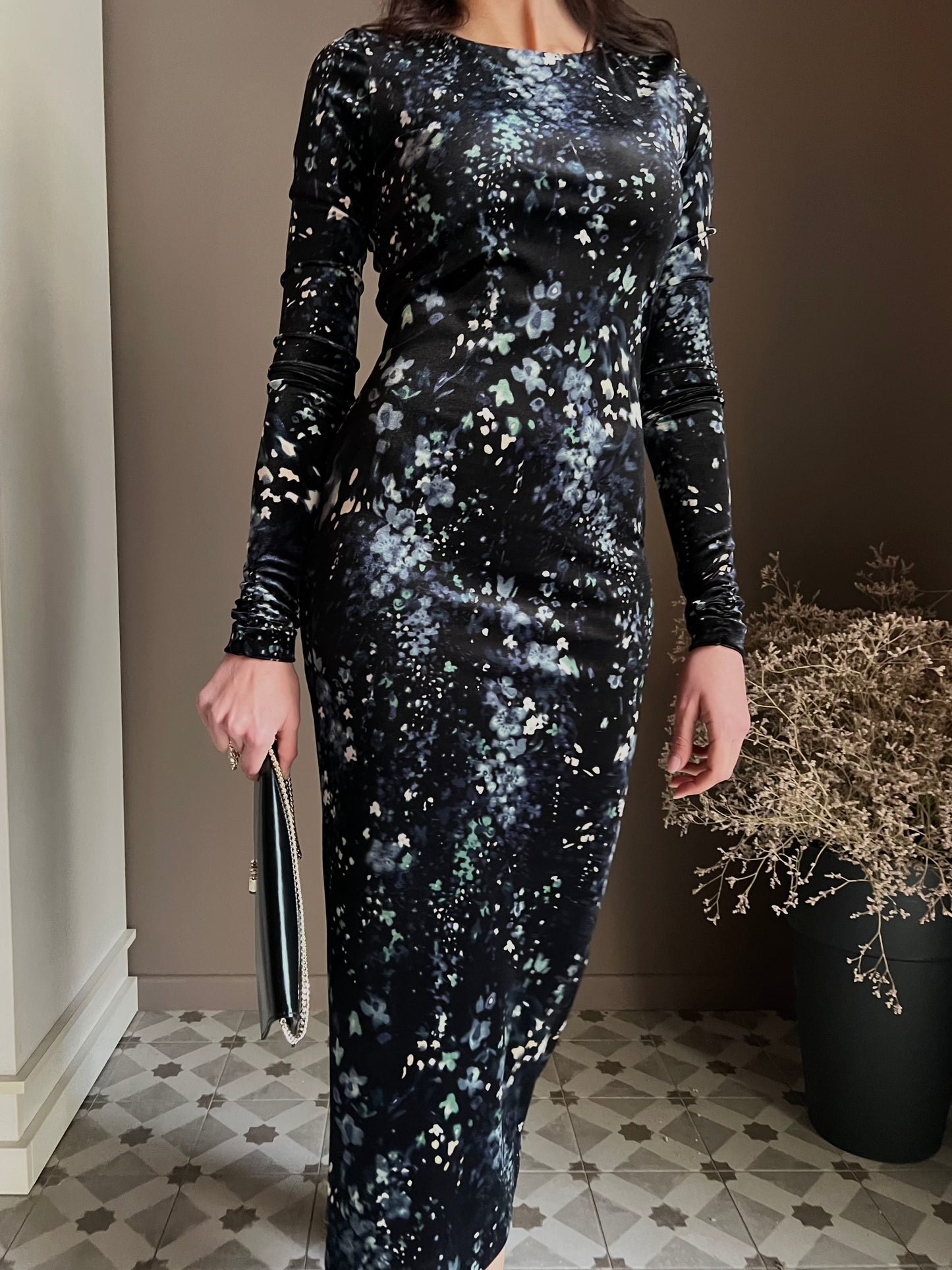 Abito lungo in micro fantasia in velluto