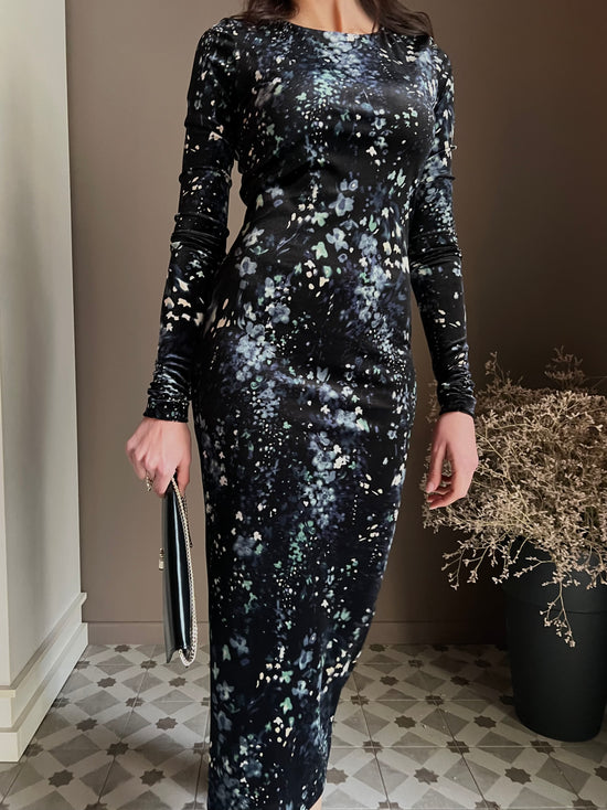 Abito lungo in micro fantasia in velluto