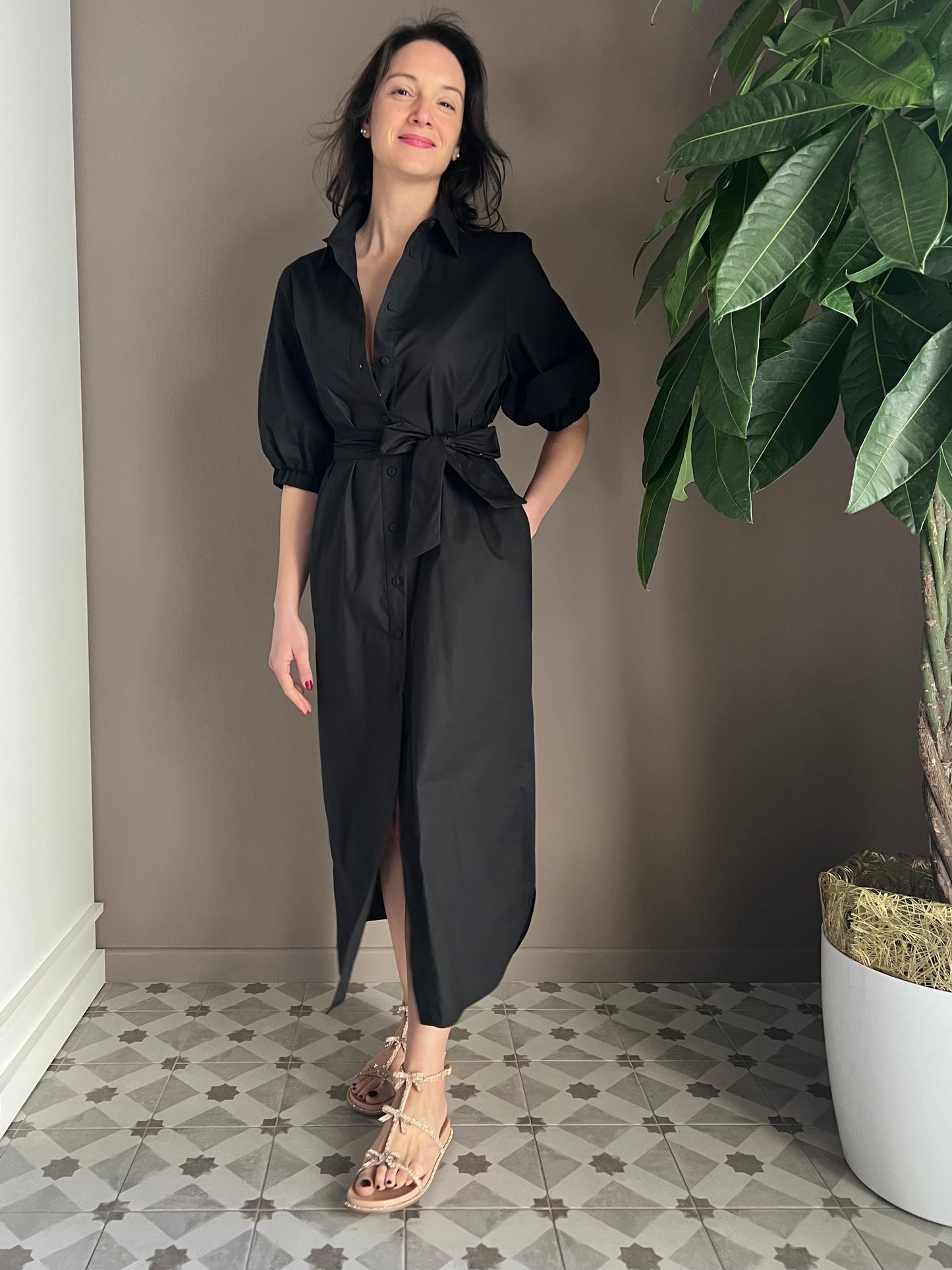 Abito chemisier in cotone nero