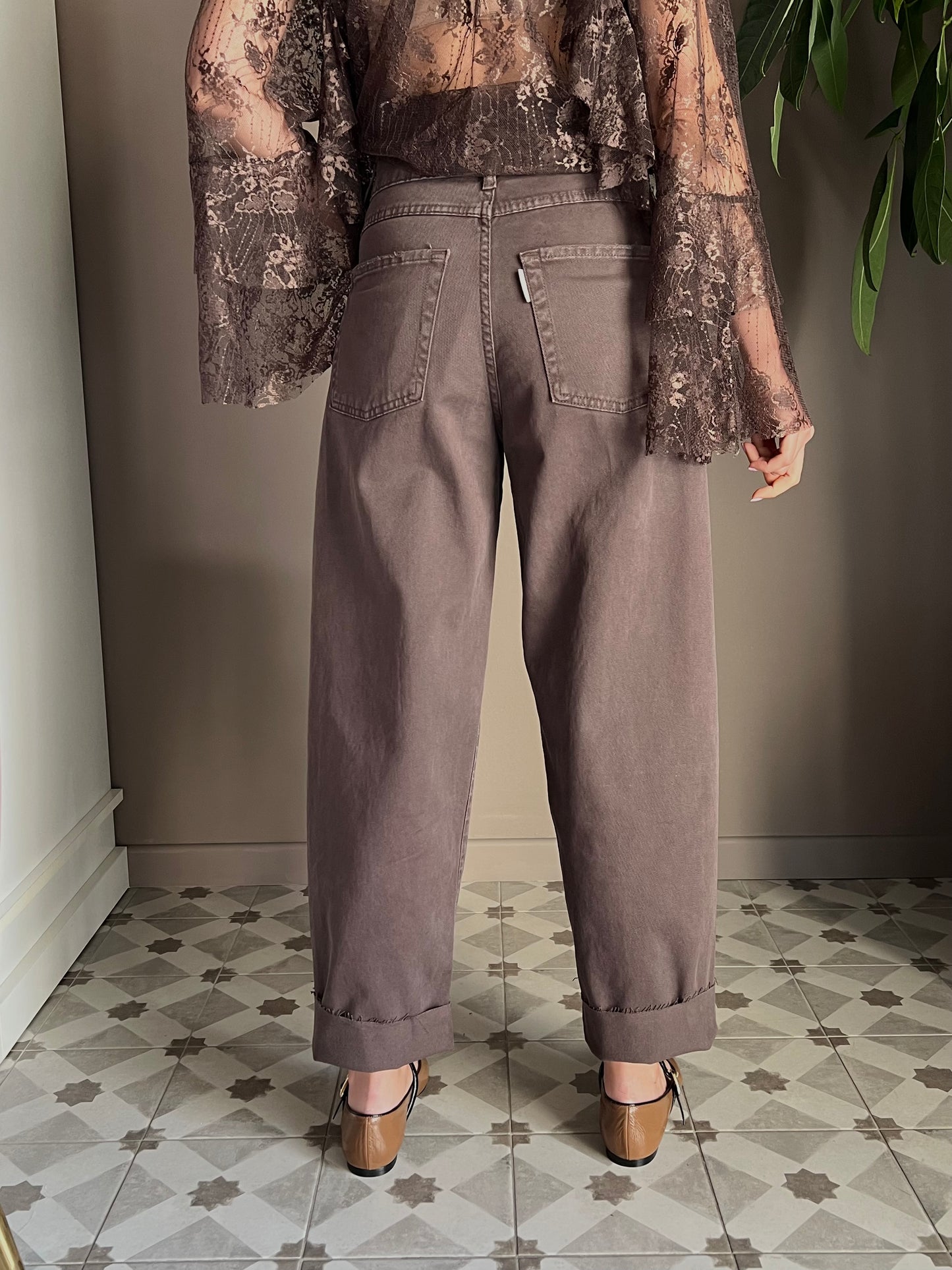 Pantalone denim vita alta forma a caramella
