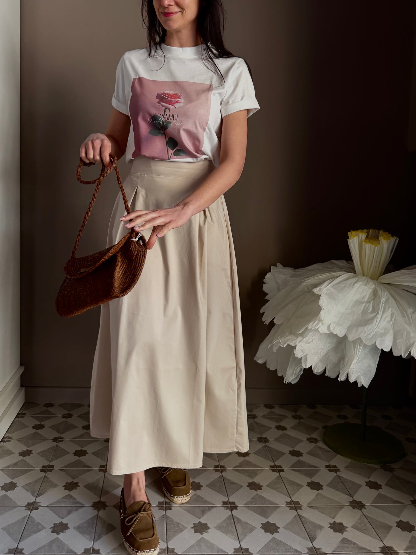 Gonna lunga in popeline di cotone beige