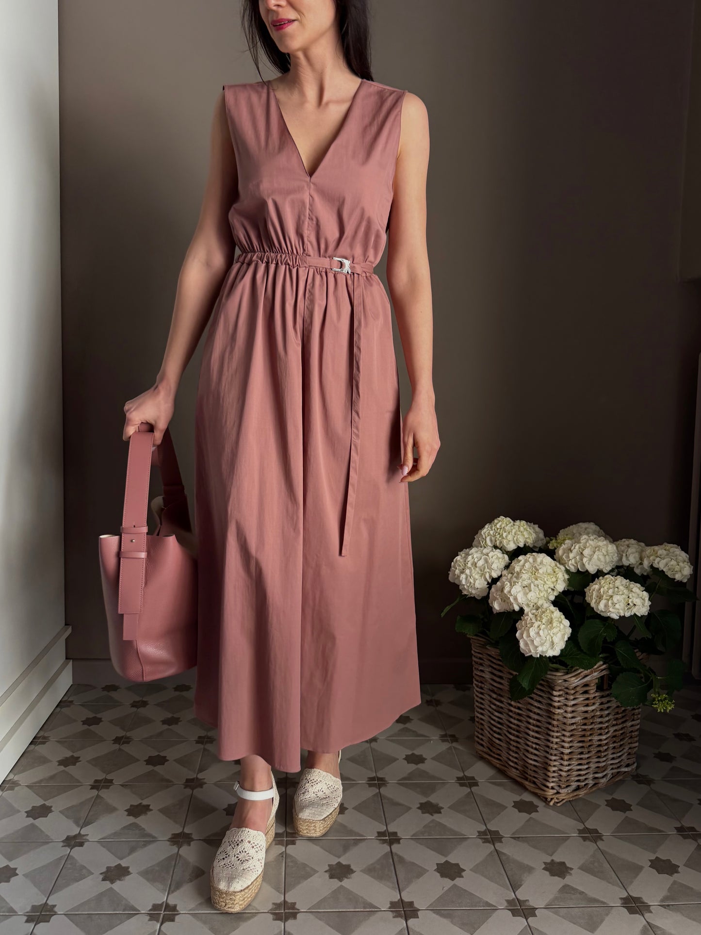 Abito midi in popeline di cotone terracotta